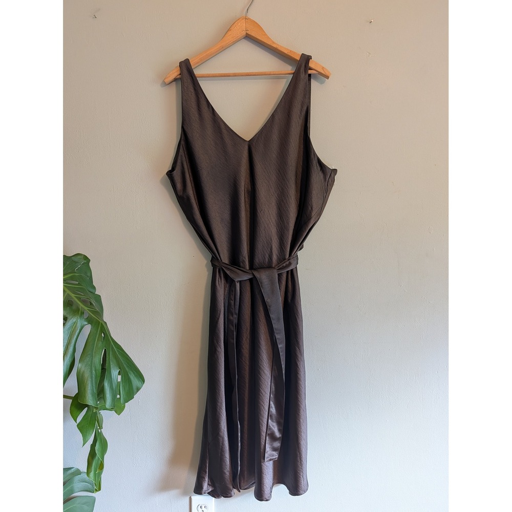 Wildfang Empower Satin Slip Dress Chocolate Brown XL Belted‎ Midi Button Straps